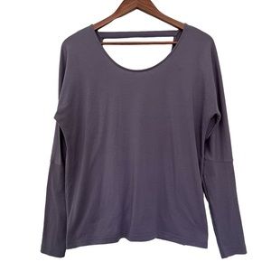 Onzie Flow Womens Drapey V Back Top Size L Gray Long Sleeves Open Back Wrap Yoga